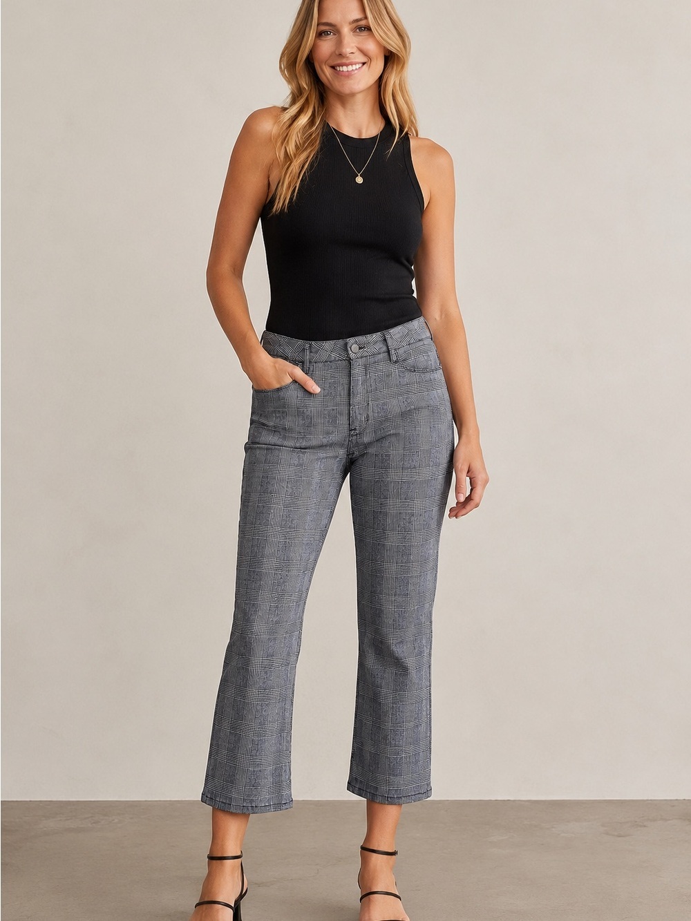 FRAME NWT Le Crop Mini Bootcut Pants Noir Multi Black Checked Size 34 City Work